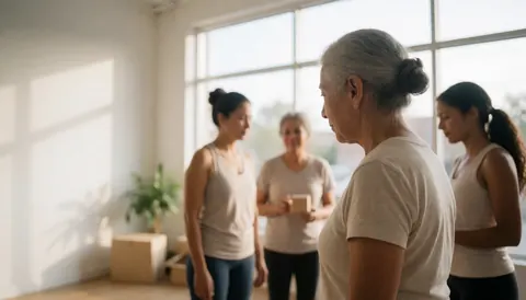 Diverse group of women practicing yoga in a sunlit studio with a calm and welcoming atmosphere