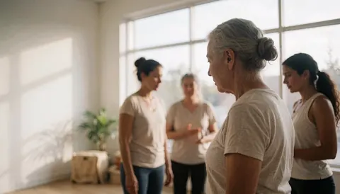 A group of adult women practicing yoga in a room with natural light and large windows.