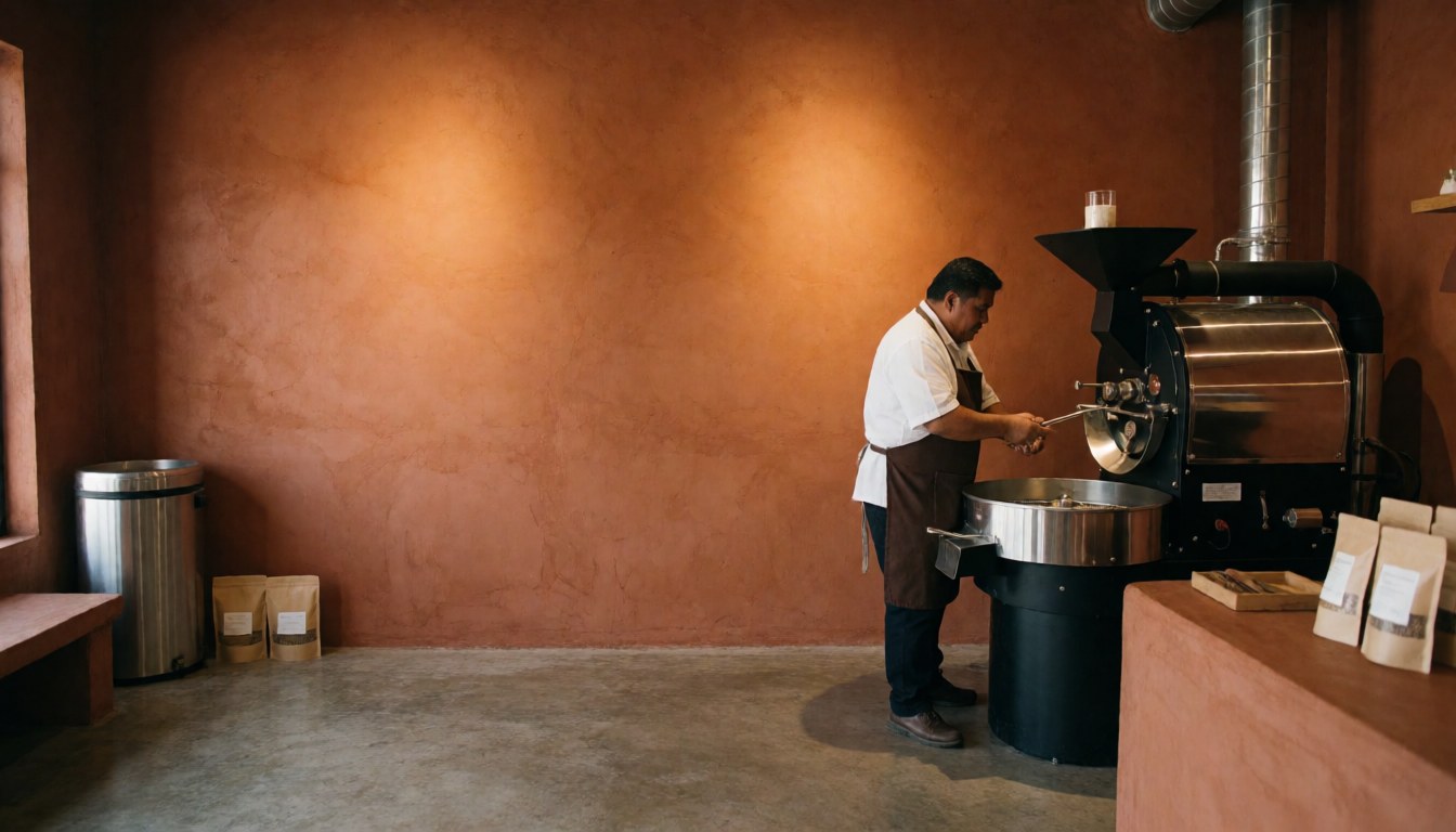 A man roasts coffee beans in an industrial machine with terracotta walls and polished concrete floor in a warm professional setting