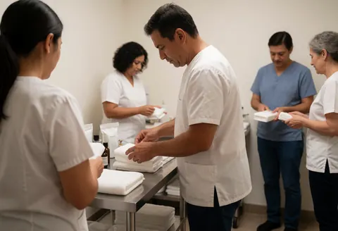 Spa staff preparing towels and products in a clean professional environment with natural light and stainless steel furniture