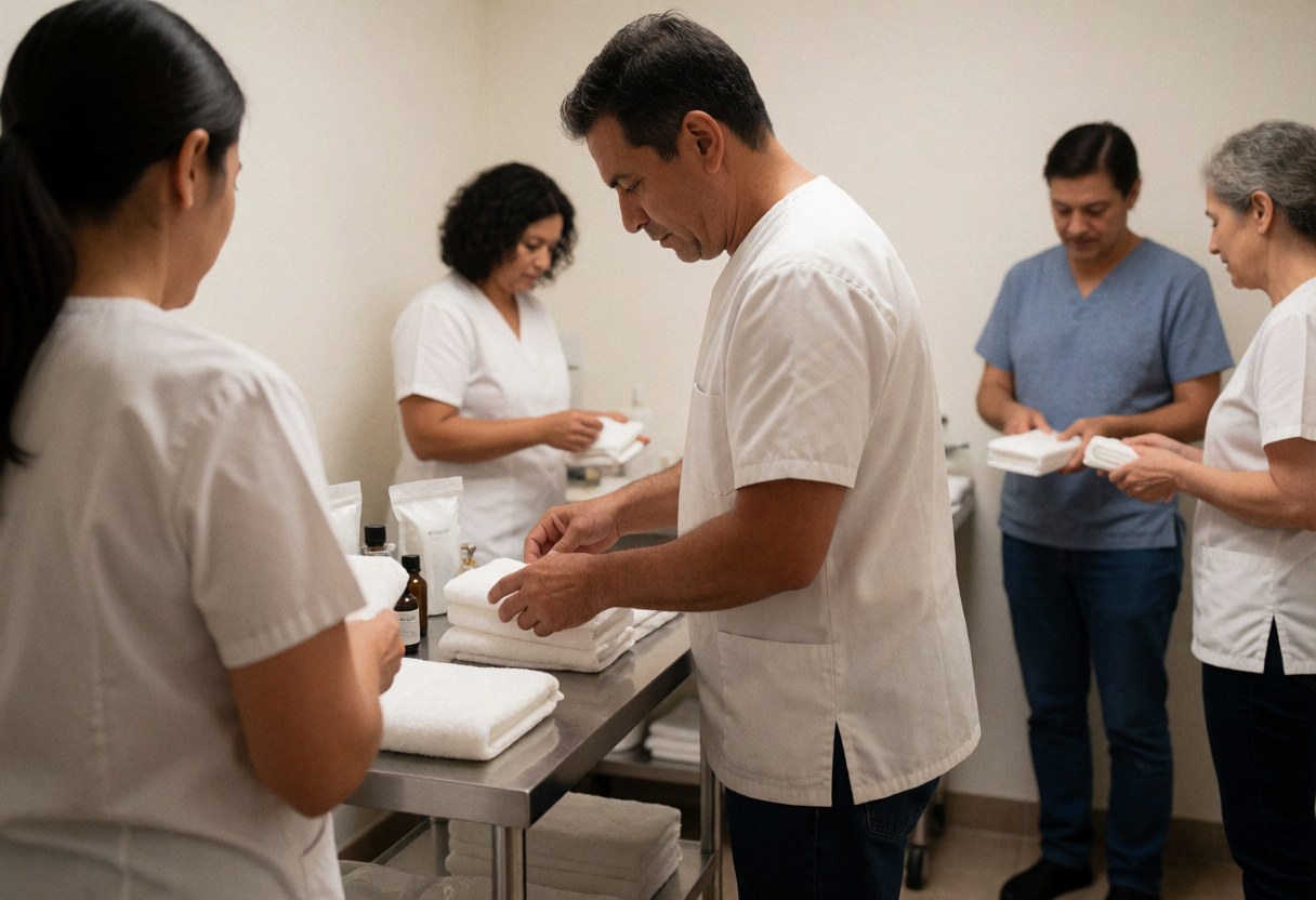 Spa staff preparing towels and products in a clean professional environment with natural light and stainless steel furniture
