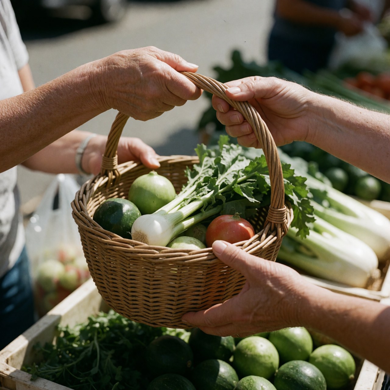 Hands holding a basket of fresh vegetables at an outdoor market with produce visible in the background