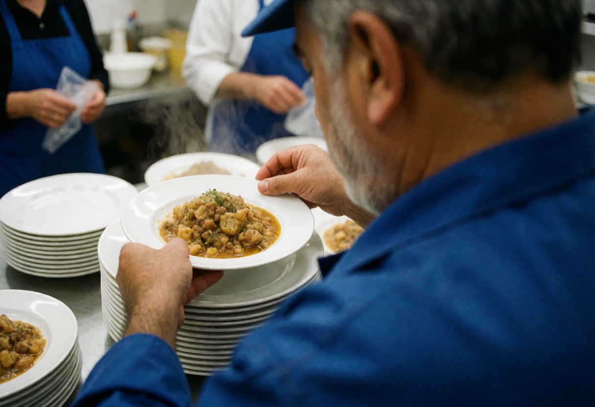A chef serves a hot steaming plate of food in a busy kitchen with other workers nearby