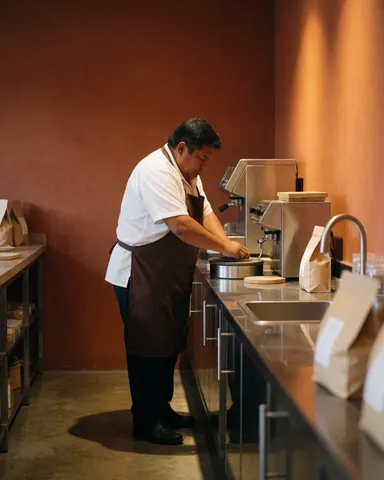 A man prepares a beverage using professional equipment in a cafe with terracotta walls and polished concrete floor under warm lighting.