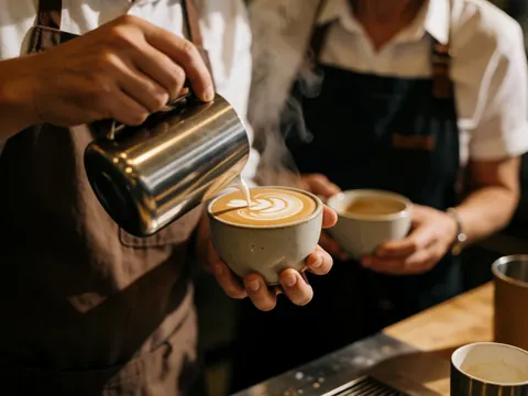 A barista wearing an apron pours steamed milk into a ceramic coffee cup to create latte art in a warm cafe setting.