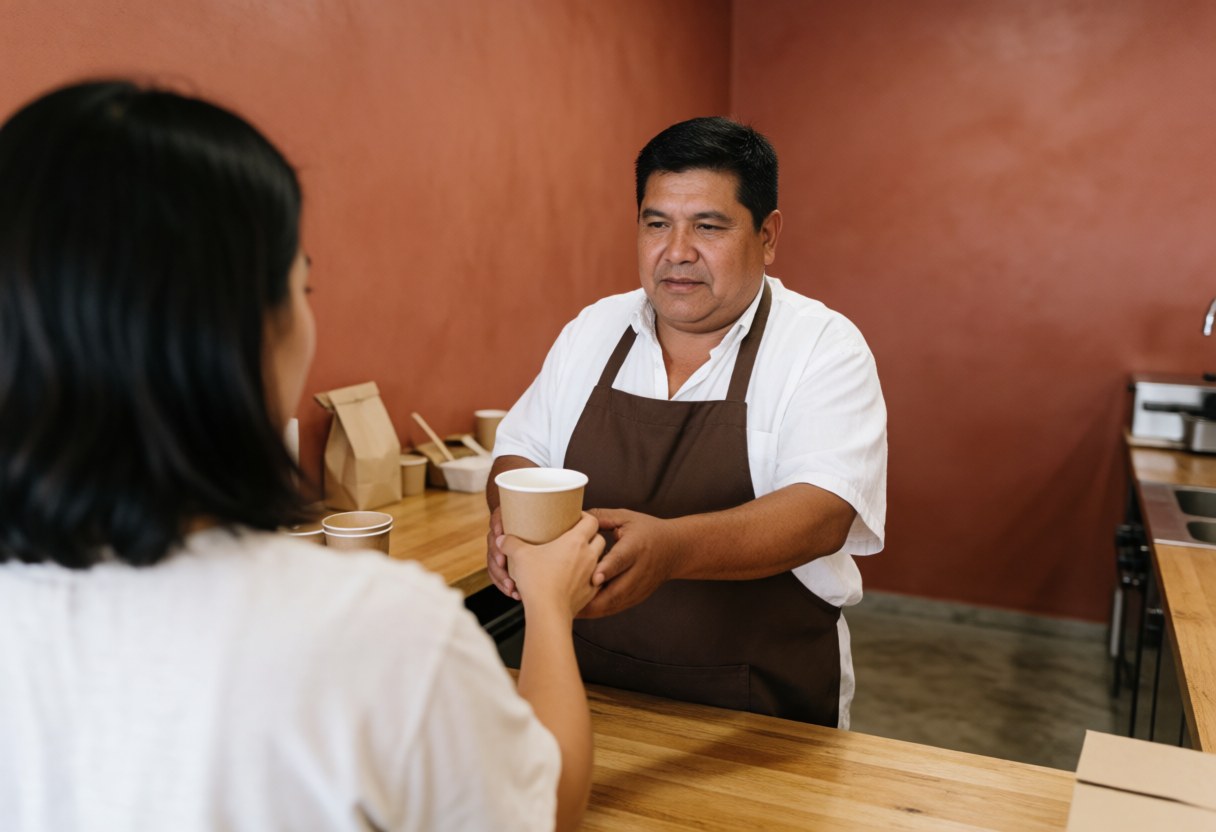 A man serves a drink in a paper cup to a customer in a cafe with terracotta walls and a wooden counter.