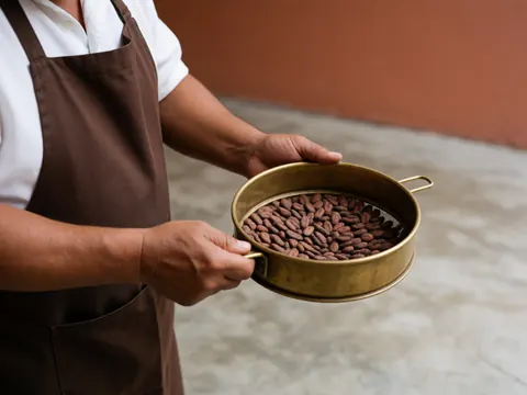 A person in an apron holds a brass sieve full of cacao beans.