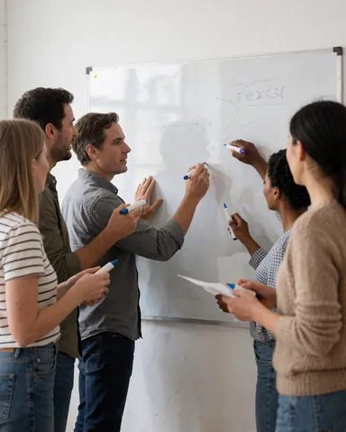 A marketing team writing on a whiteboard with markers during a work meeting.