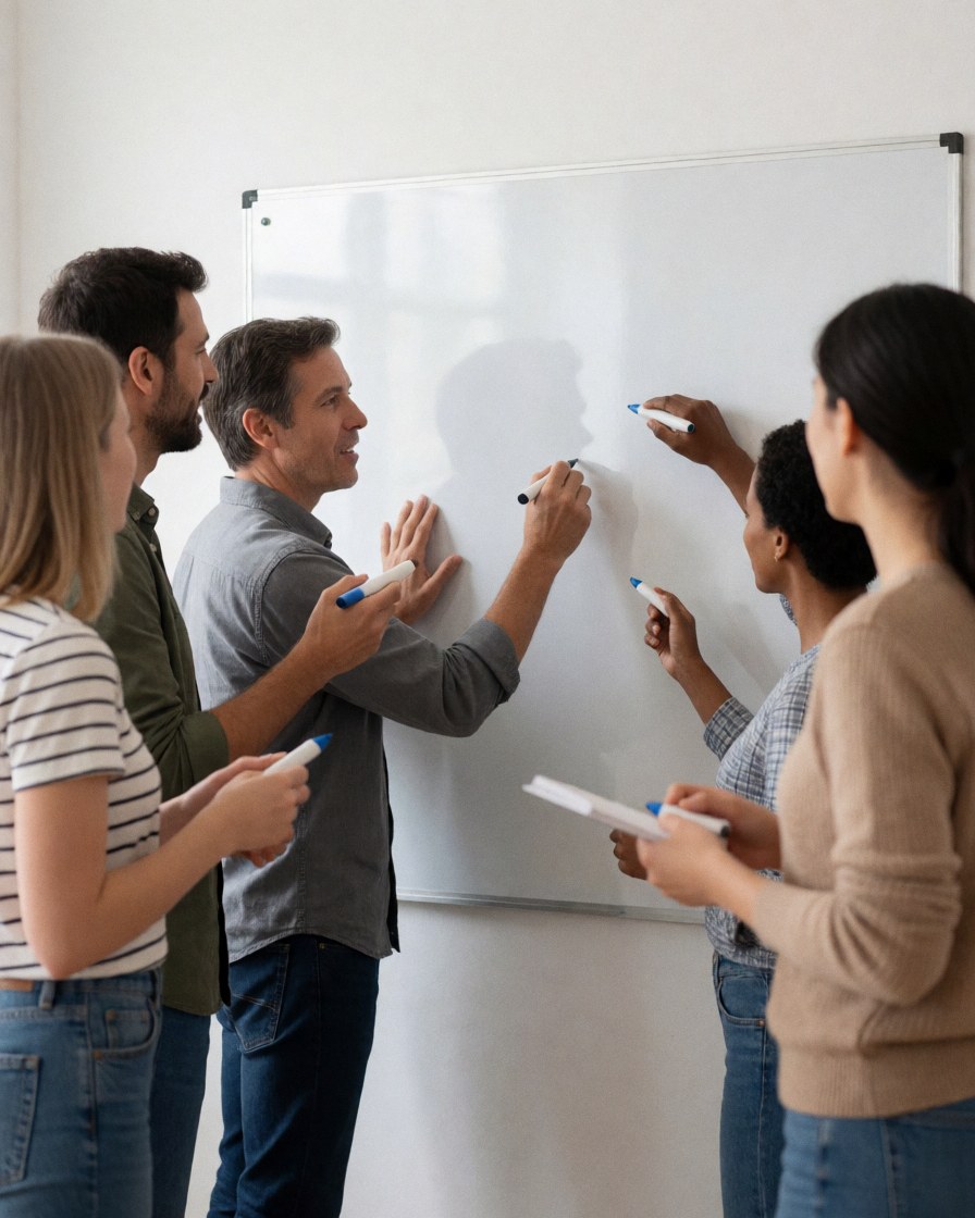 A young marketing team writes strategies on a whiteboard with markers in a modern office.