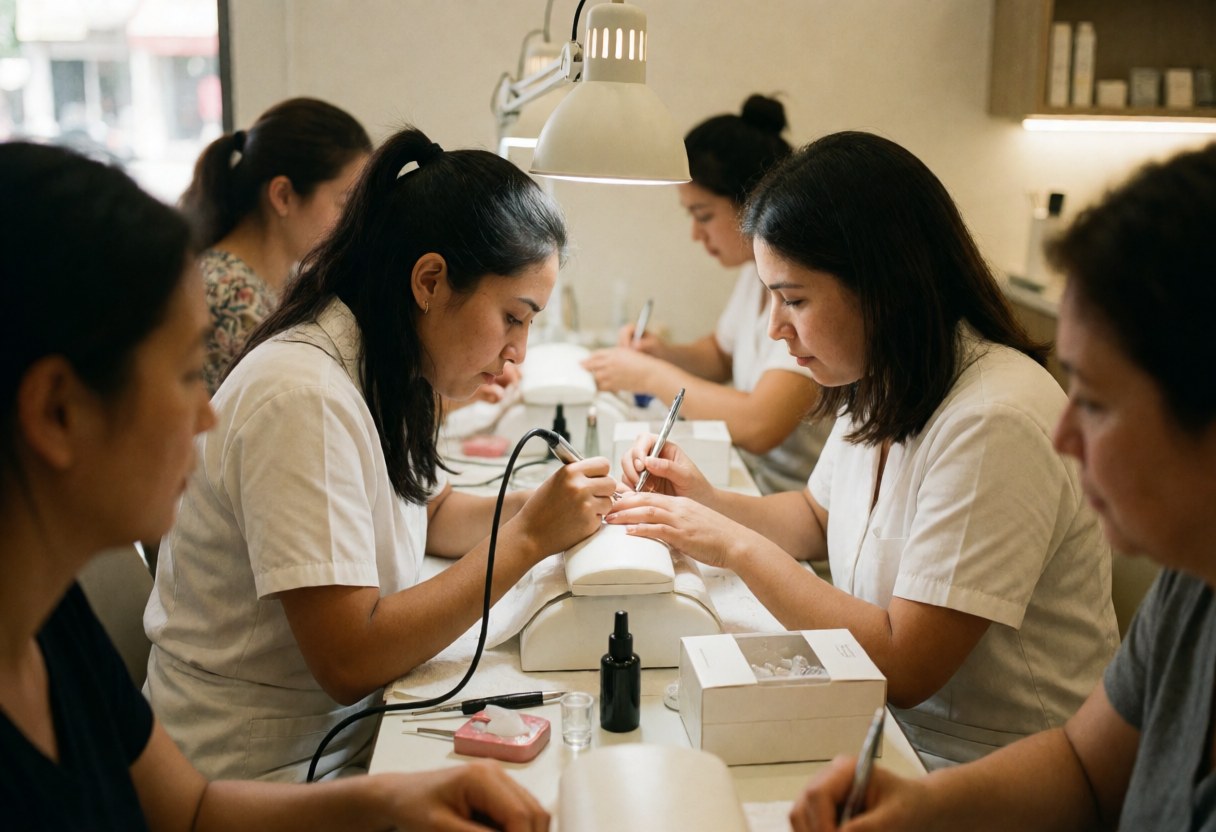 Nail technicians working in a nail salon, attending to clients with tools and products.