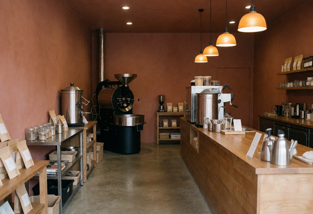 Clean modern cafe interior featuring terracotta walls, wooden counter, roasting equipment, and warm pendant lights for coffee and cacao businesses