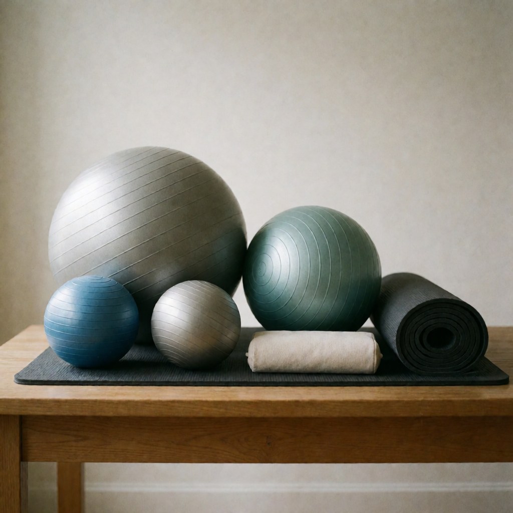 A collection of exercise balls and rolled blankets arranged on a wooden table for physical therapy and home training