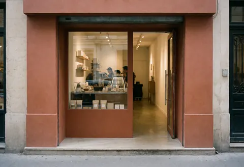 Exterior view of a coffee shop featuring terracotta walls and a large window displaying the interior seating and products