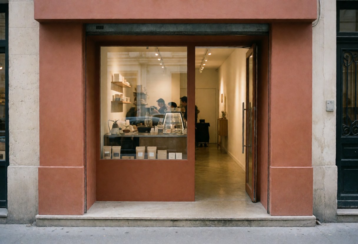 Exterior view of a coffee shop featuring terracotta walls and a large window displaying the interior seating and products