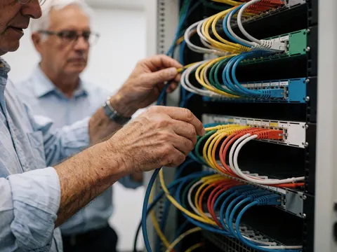 Two technicians connect network cables into a server rack with multiple colors.