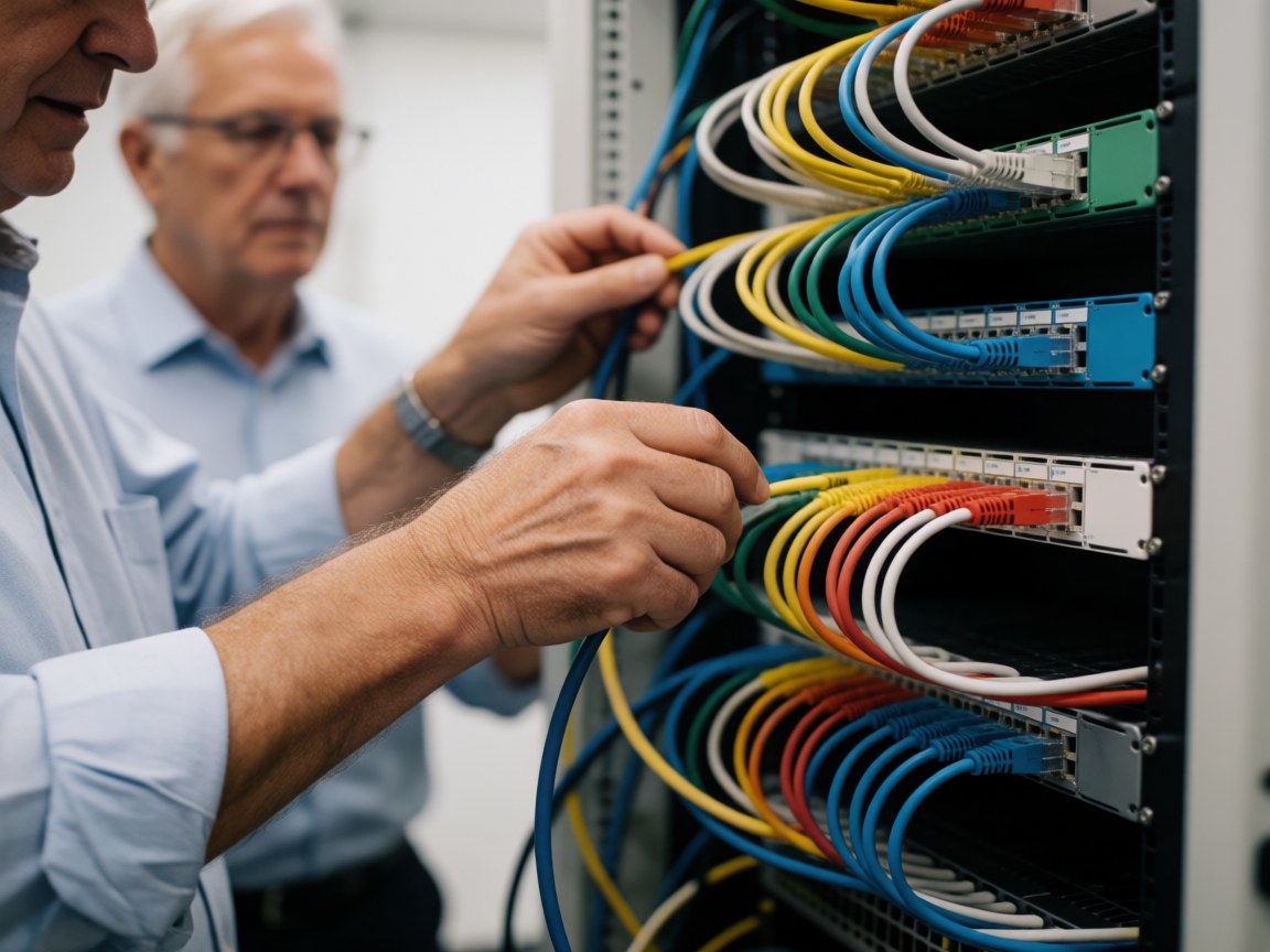 Two technicians connect colorful network cables into a server rack.