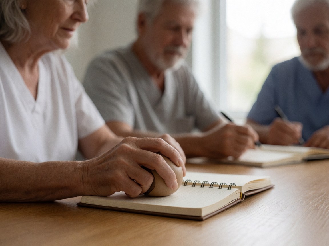 A woman holds a stress ball over an open notebook on a wooden table, while others write in the background.