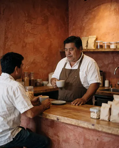 A customer enjoys a coffee while talking with the barista behind the wooden counter.