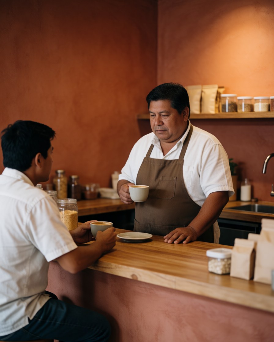 A relaxed customer enjoys coffee while the barista serves them at a wooden counter in a cozy cafe with terracotta walls.