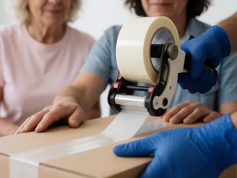 Hands in blue gloves applying clear adhesive tape to a brown cardboard box, with other people in the background.