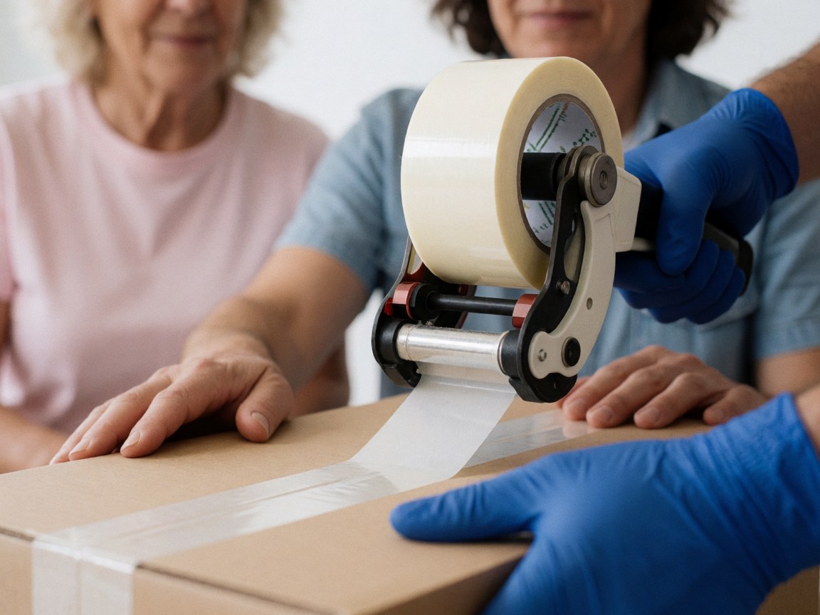 Hands in blue gloves applying clear adhesive tape to a brown cardboard box, with other people in the background.