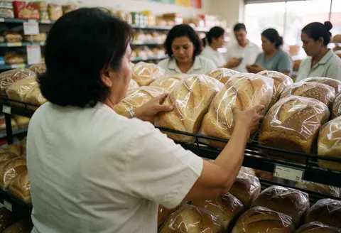 A woman places bread on a supermarket shelf, with other staff and customers in the background.