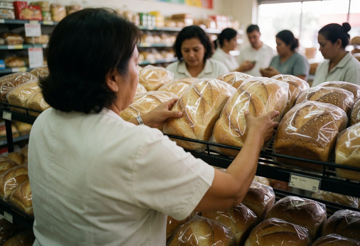 A woman places bread on a supermarket shelf, with other staff and customers in the background.