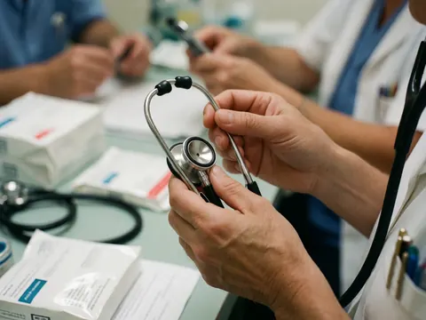 Close-up of a doctor's hands adjusting a stethoscope with blurred medical equipment in the background