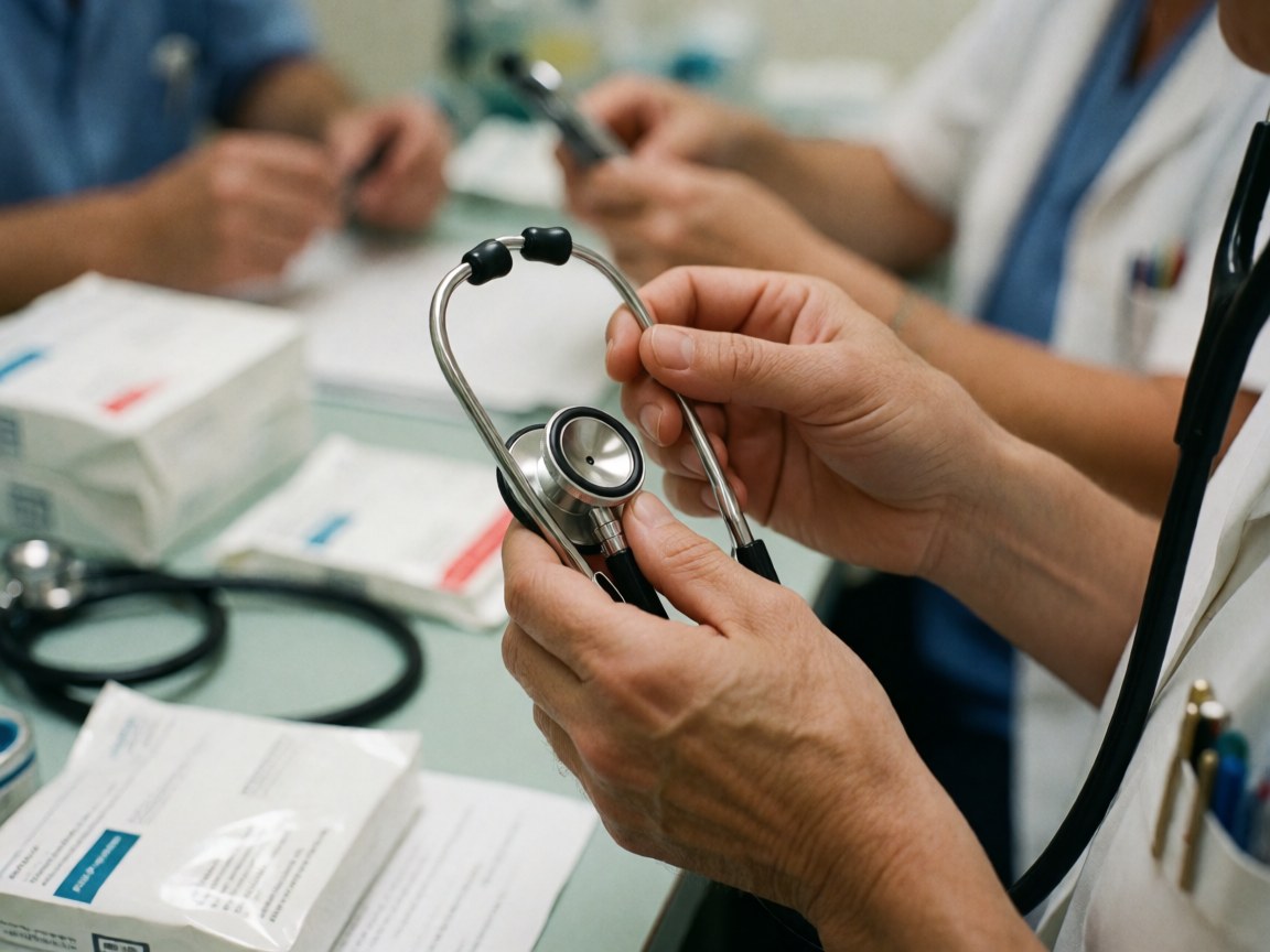 Close-up of a doctor's hands adjusting a stethoscope with blurred medical equipment in the background