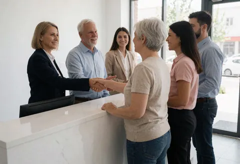 A smiling advisor shakes hands with a client at a modern reception desk, with other clients and staff standing behind.