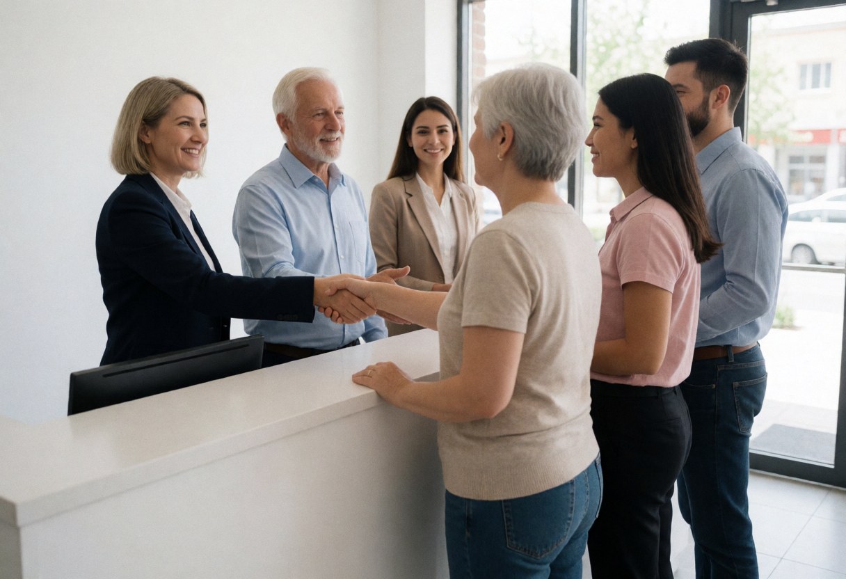 A university counselor shakes hands with a client at the reception desk while two other clients observe in a professional setting
