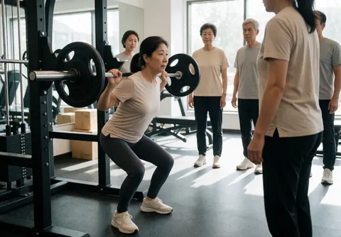 An older woman lifts a barbell for squats in a bright gym while others watch. The space is clean with natural light and rubber flooring.