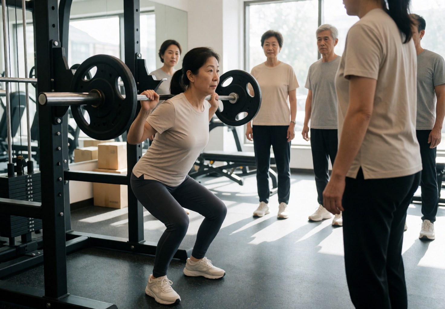 An older woman lifts a barbell for squats in a bright gym while others watch. The space is clean with natural light and rubber flooring.