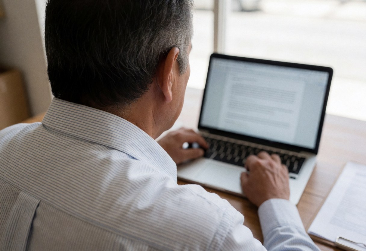 Back view of an older man typing on a laptop near a window with natural light, focused on remote work tasks.