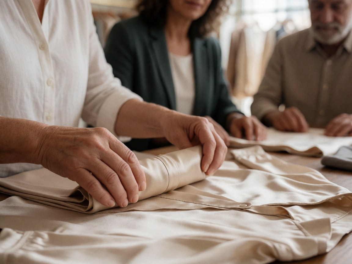 Close-up of adult hands folding a silk shirt in a clothing store with blurred people in the background and natural lighting