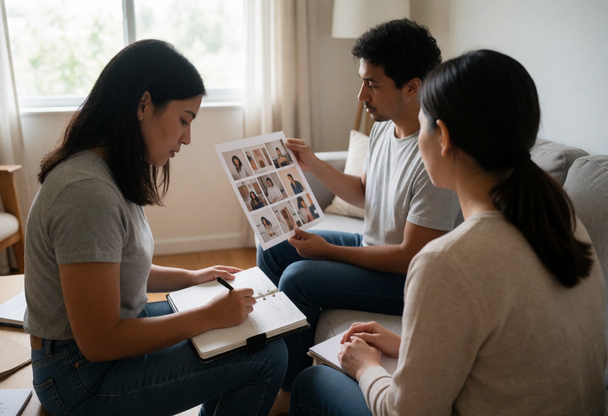 A wedding planner takes notes while a client shows a mood board with photos, both seated on a sofa in a home office with natural light.