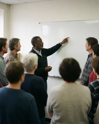 A black instructor points to a whiteboard while delivering a training class to a group of attentive adults in a conference room.