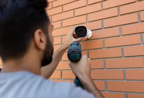 A technician uses a drill to mount a security camera on a brick wall, demonstrating professional installation services for business safety.
