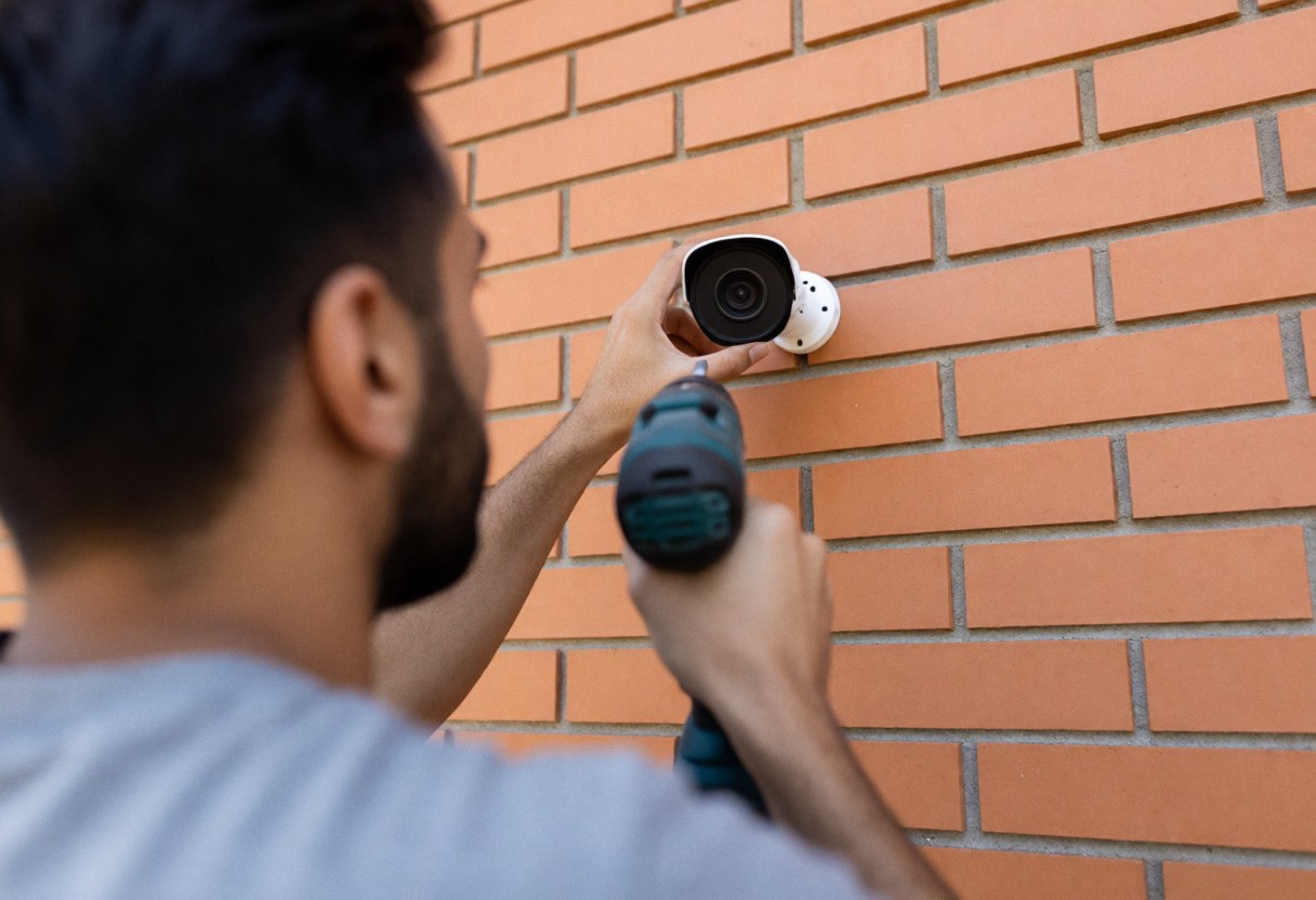 A technician uses a drill to mount a security camera on a brick wall, demonstrating professional installation services for business safety.