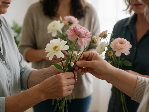 Close-up of adult hands assembling a bouquet of fresh flowers in a photo studio with natural light and a blurred background.