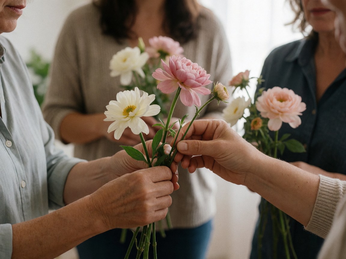 Close-up of adult hands assembling a bouquet of fresh flowers in a photo studio with natural light and a blurred background.