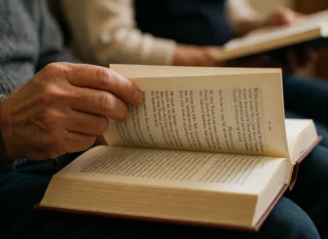 Close up of an adult hand turning the page of an open book, focusing on the text and paper texture with warm lighting and a blurred background