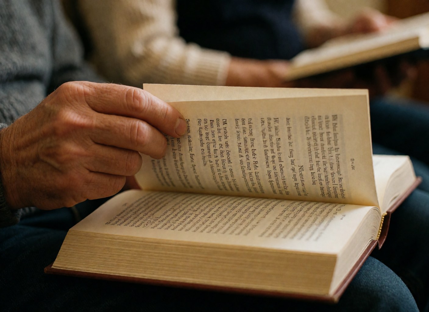 Close up of an adult hand turning the page of an open book, focusing on the text and paper texture with warm lighting and a blurred background