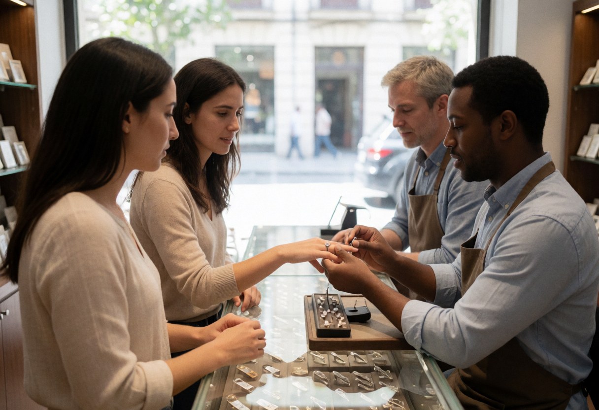 A jeweler measures a ring on a customer finger while another woman watches near a display case with natural light