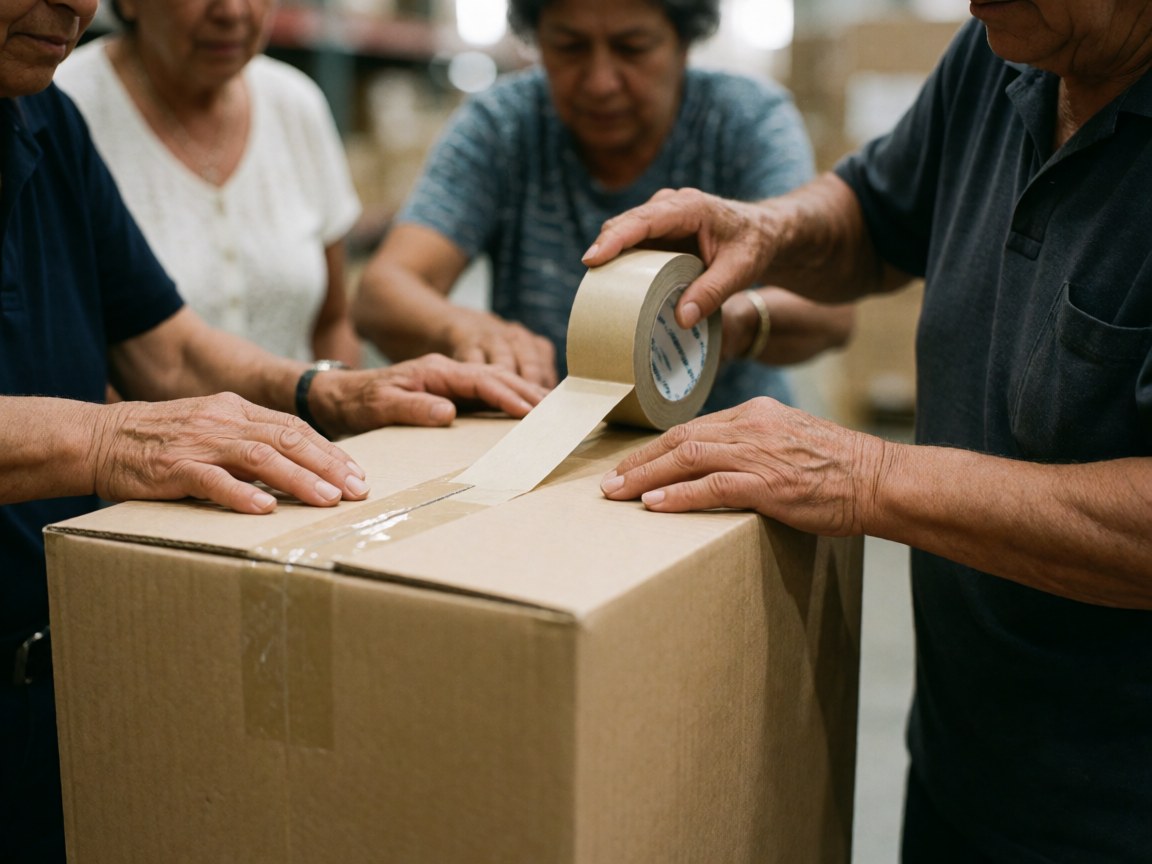 Close-up of senior hands using tape to seal a cardboard box in a warehouse with a blurred background and natural lighting