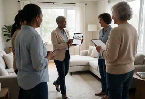 Professional real estate agent displays property details on a tablet to clients in a modern living room with sofas and natural light