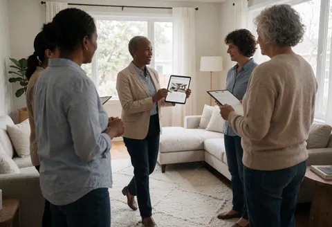 Real estate agent shows a property to clients in a modern living room.