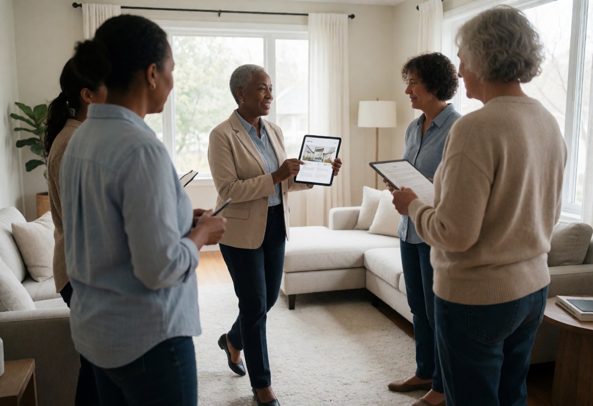 Professional real estate agent displays property details on a tablet to clients in a modern living room with sofas and natural light