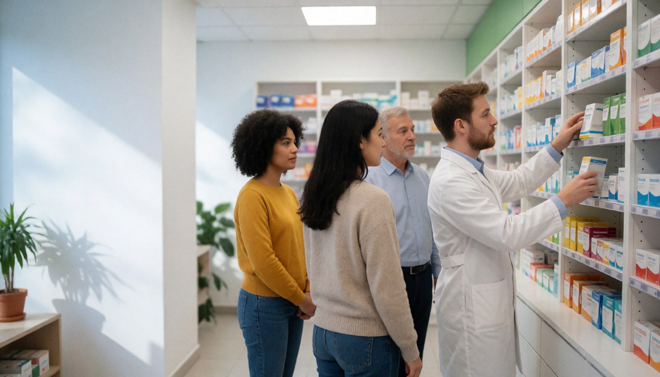 Pharmacist in a white coat helping three clients in front of medicine shelves in a modern pharmacy with clinical lighting and white walls.