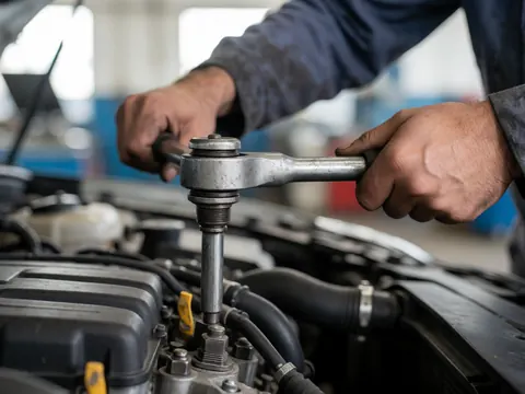 Close-up of mechanic's gloved hand using a torque wrench on an engine bolt in an industrial workshop